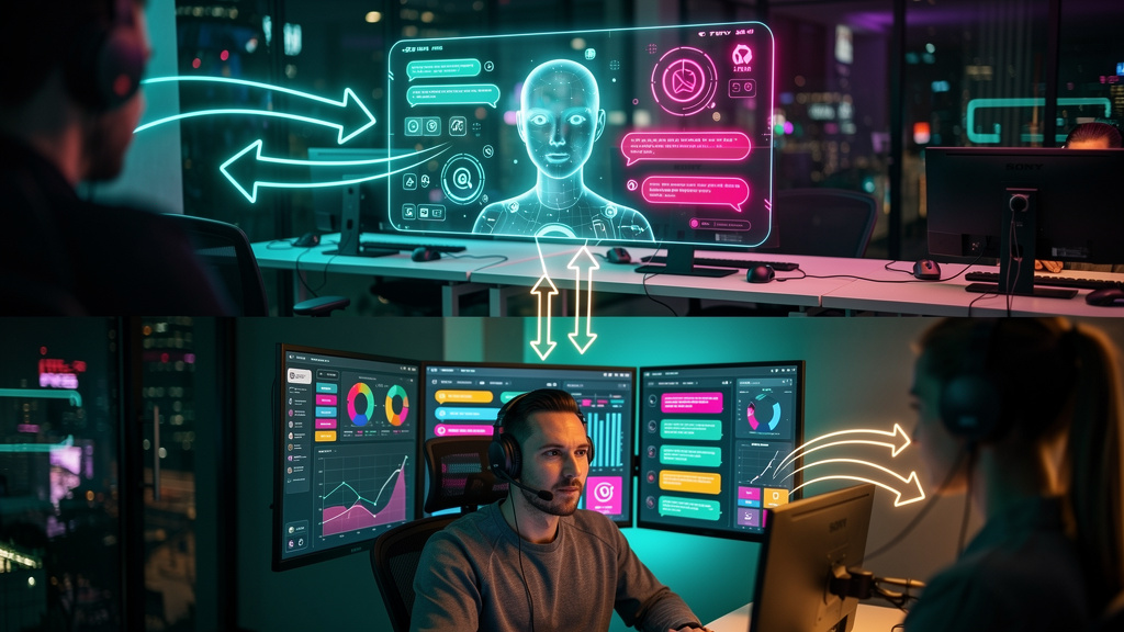 Como a Toolzz resolve Desafios de Produtividade em Equipes Híbridas — Um diagrama visual que ilustra o fluxo de trabalho de uma equipe híbrida. No bloco superior, mostre um agente de IA (chatbot) resp