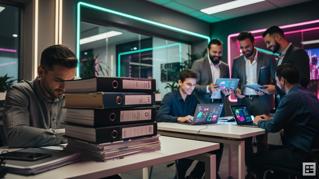 Como a Toolzz resolve o baixo engajamento em Educação Corporativa — Um funcionário olhando desanimado para uma pilha de manuais de treinamento empoeirados em sua mesa, enquanto outros colegas interage