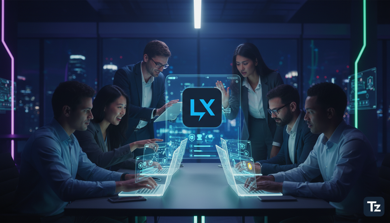 Como a Toolzz supera a D2L em missões e desafios no LXP em 2026 — Um grupo diversificado de funcionários corporativos colaborando em um desafio de gamificação em um escritório moderno e aberto. Eles e