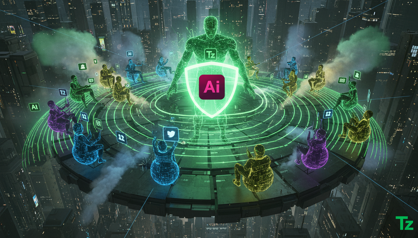 Como a Toolzz supera Hootsuite em IA para Redes Sociais — Visão aérea de um campo de batalha estilizado onde pequenos exércitos de avatares de redes sociais (pessoas, marcas, etc.) lutam por atenção. 