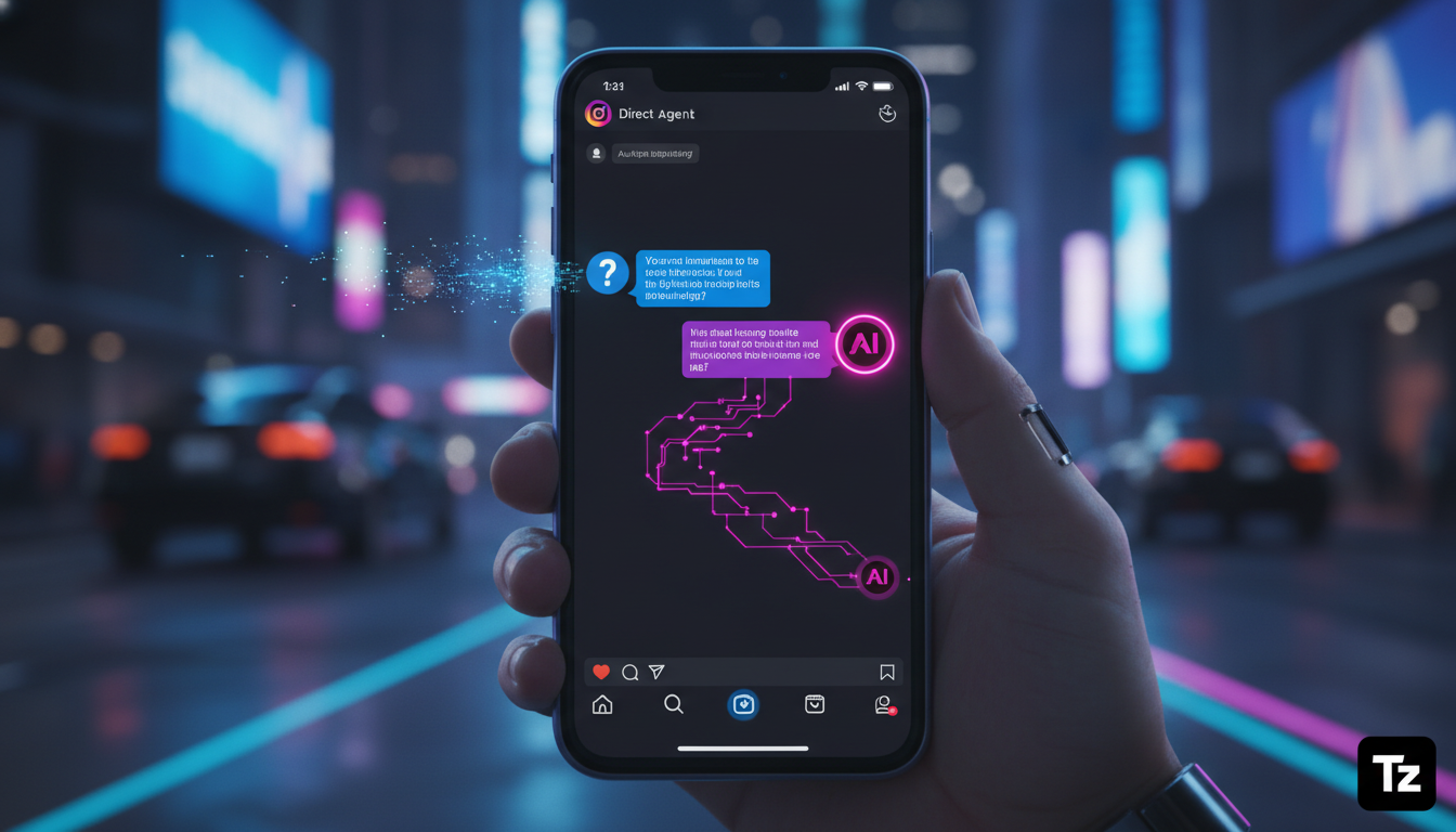 Como a Toolzz supera o Intercom em Automação no Instagram — Um close-up de um smartphone exibindo uma conversa no Instagram. De um lado, a mensagem de um cliente com uma pergunta complexa. Do outro la