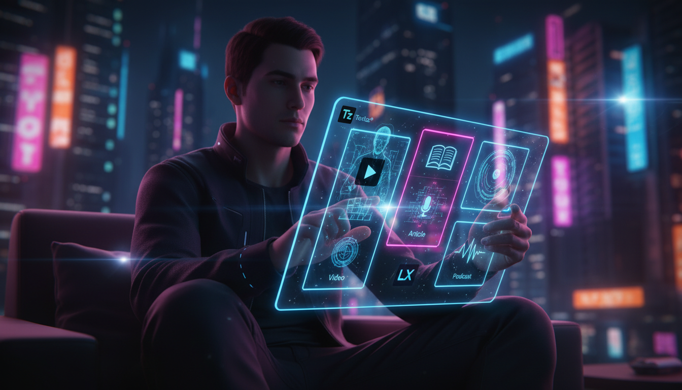 Como a Toolzz supera o Moodle na recomendação de conteúdo em 2026 — Um usuário interagindo com uma interface futurista da Toolzz LXP em um tablet transparente. A tela mostra uma série de cartões de co