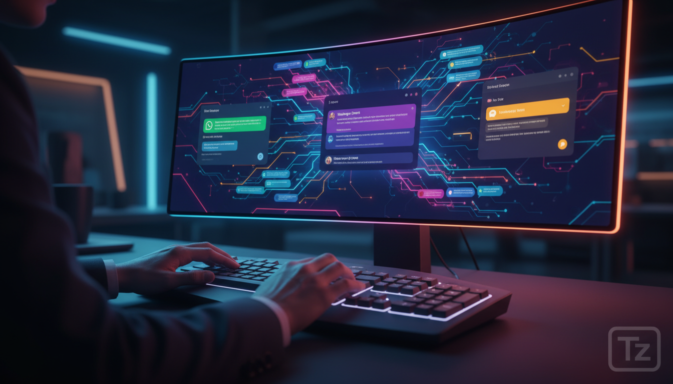 Como a Toolzz supera Zendesk em Atendimento Omnichannel com IA — Um close-up das mãos de um agente de atendimento ao cliente digitando em um teclado, com um monitor exibindo simultaneamente conversas 