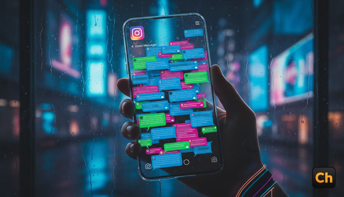 Como a Toolzz supera Zendesk em Instagram 2026 — Um close-up de um smartphone mostrando uma tela do Instagram Direct inundada de mensagens não lidas, representando o caos e a dificuldade de gerenciar 