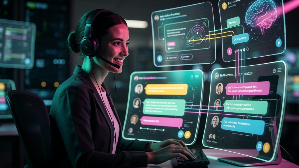 Como a Transferência de IA para Humano se Encaixa na Jornada do Cliente — Um agente de suporte ao cliente, usando um headset, sorri enquanto interage com vários painéis mostrando dados de clientes e c