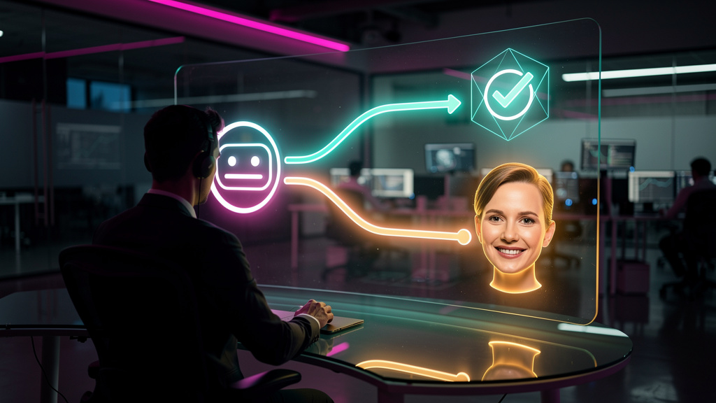 Como a Transferência IA-Humano Economiza Tempo em Atendimento — Um fluxograma que ilustra o processo de transferência IA-humano. No início, um ícone de chatbot processando uma solicitação. No meio, um