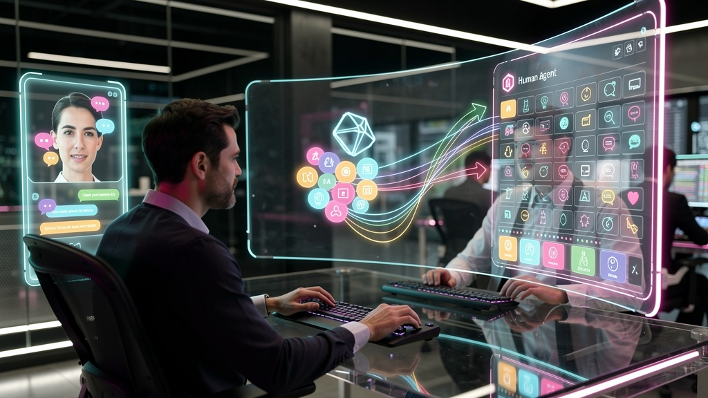 Como A2H está mudando o mercado de atendimento em 2026 — Um diagrama de fluxo mostrando uma conversa com um cliente. No início, um chatbot de IA interage com o cliente. Em seguida, a conversa é transf