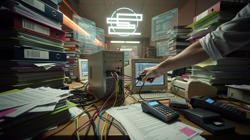 Como Agentes de IA Eliminam a Falta de Integração com Pagamento — Um labirinto de arquivos físicos e digitais em uma sala de escritório caótica, representando silos de informação. Uma mão tenta desesp