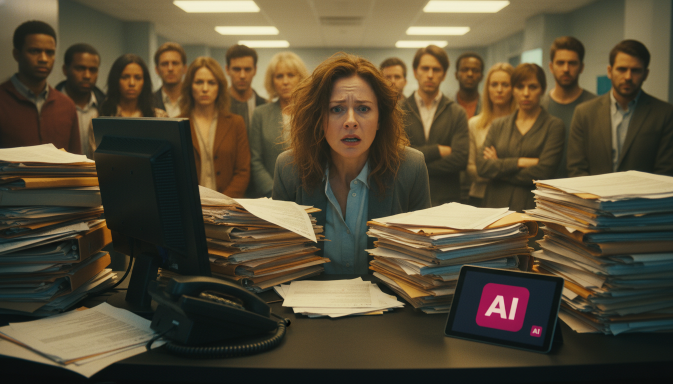 Como Agentes IA aumentaram vendas em 25% para Clínicas — Um consultório médico movimentado. Em primeiro plano, uma recepcionista visivelmente sobrecarregada, com pilhas de papéis e um telefone tocando