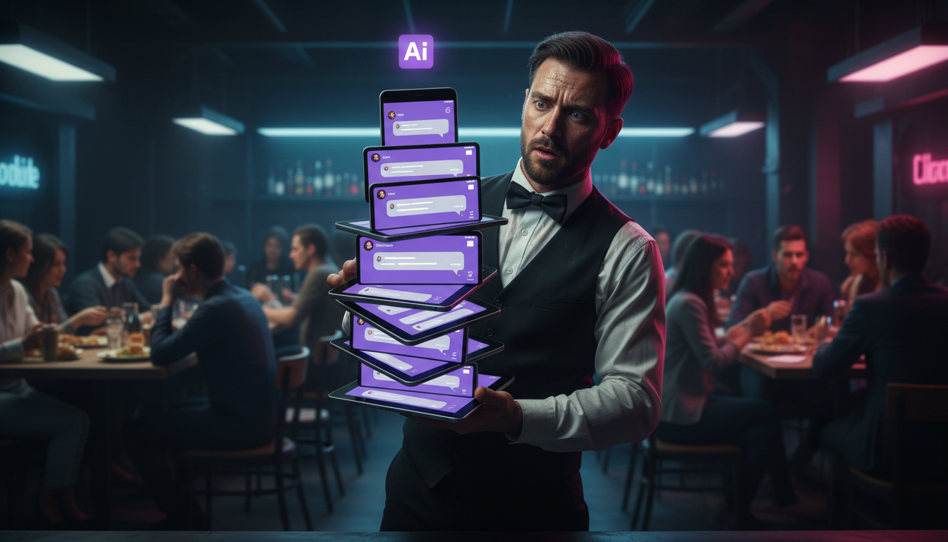 Como Agentes IA economizam tempo no Instagram — Um garçom de restaurante, em uniforme impecável, visivelmente sobrecarregado, tentando equilibrar vários tablets e smartphones, cada um exibindo notific