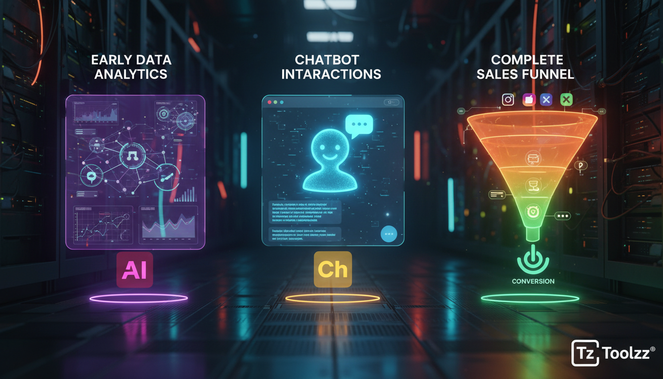Como Agentes IA em Redes Sociais evoluíram e para onde vão — Um diagrama visual mostrando a evolução dos agentes de IA em redes sociais. No início, um gráfico simples de análise de dados. No meio, um 