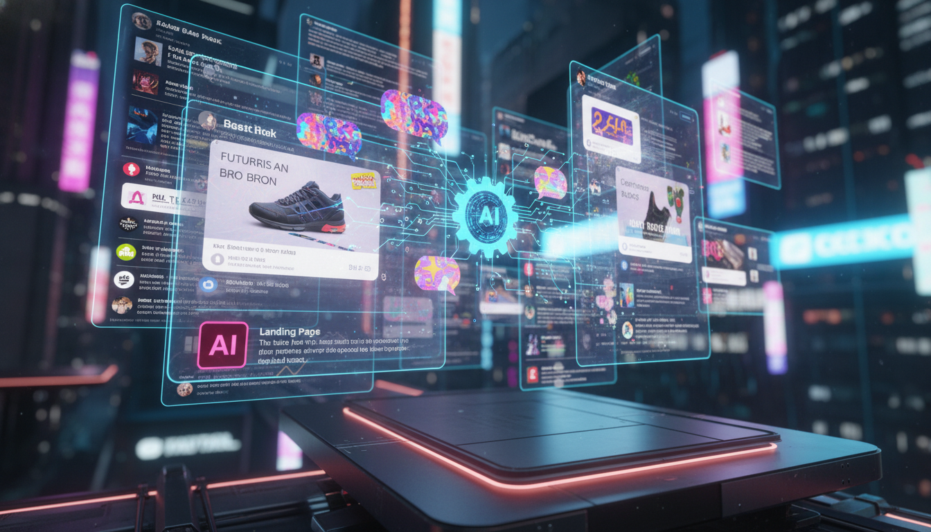 Como Agentes IA estão mudando o mercado de Marketing — Um feed de rede social dinâmico e colorido, com posts de diversas marcas e usuários. Um agente de IA, visualizado como uma pequena engrenagem int