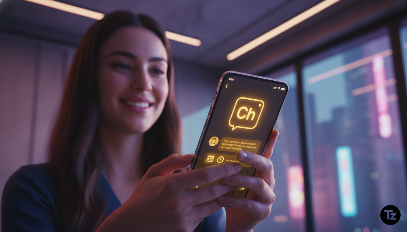 Como Agentes IA estão reinventando o Marketing em 2024 — Um usuário interagindo com um chatbot em um aplicativo de mensagens (WhatsApp ou Instagram) em seu smartphone. O chatbot exibe o logo da Toolzz