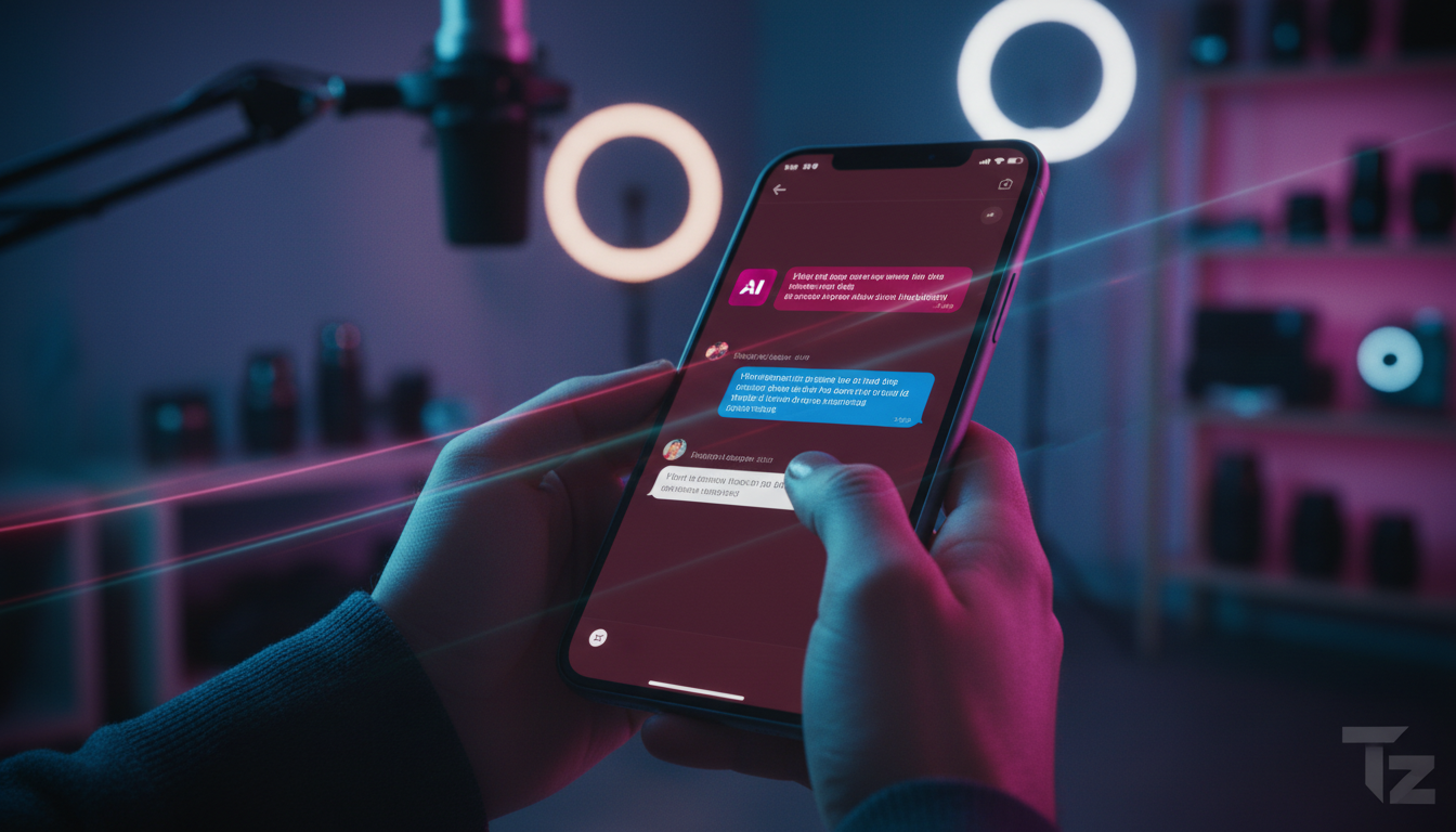 Como Agentes IA impactam Vendas em Influenciadores — Um close-up focado nas mãos de um influenciador digitando em um smartphone. A tela do celular exibe uma conversa em andamento com um agente de IA d