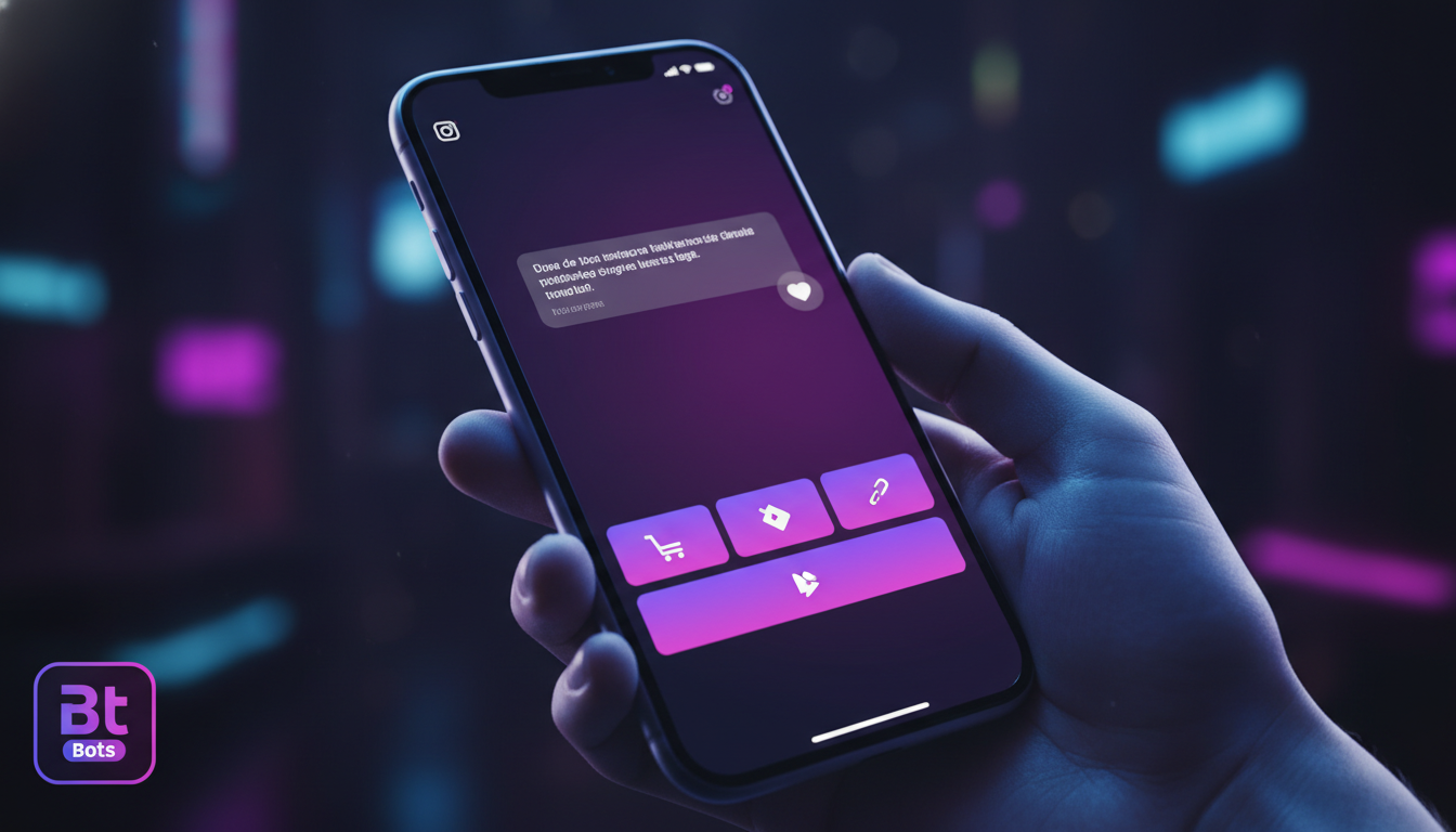 Como alinhar vendas e marketing com automação Instagram — Close-up de uma tela de smartphone mostrando um chatbot de atendimento ao cliente no Instagram. A interface do chatbot exibe opções de respost