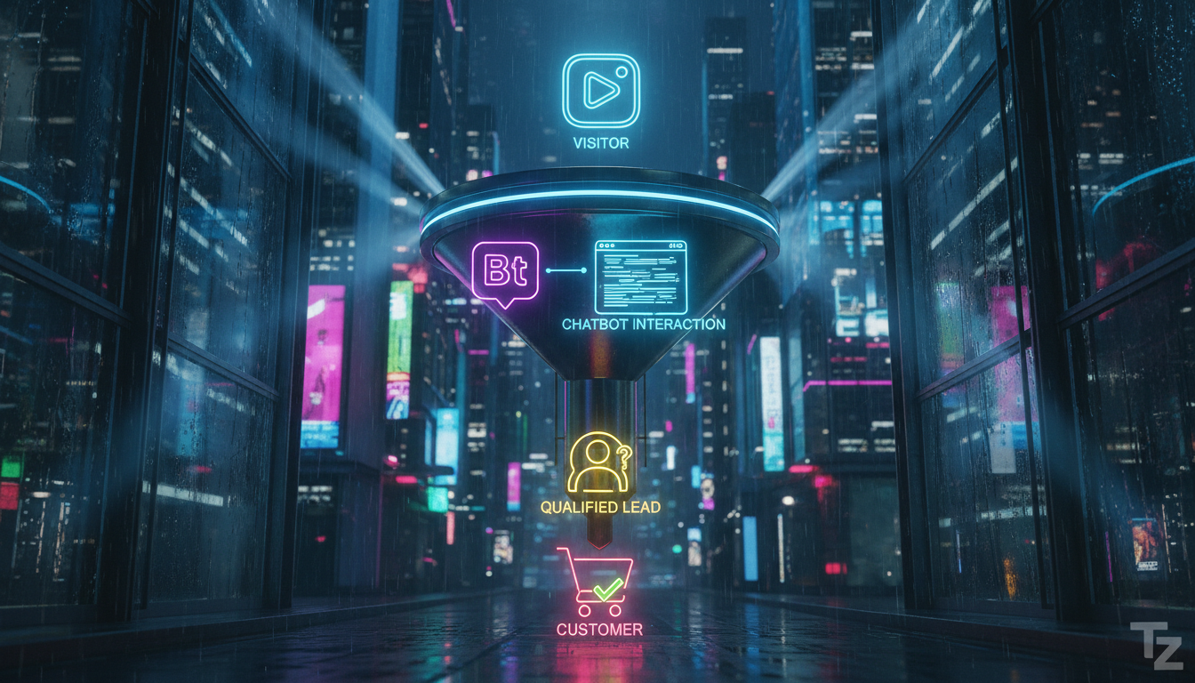 Como alinhar vendas e marketing com chatbot Instagram — Um funil de vendas estilizado com ícones representando diferentes etapas: visitante do Instagram, interação com chatbot (com logo Toolzz visível