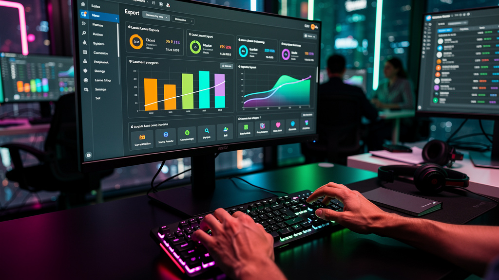 Como alinhar vendas e marketing com Exportação de Dados — Um close-up das mãos de um analista de marketing digitando em um teclado, com uma tela exibindo um dashboard da Toolzz LXP mostrando dados de 