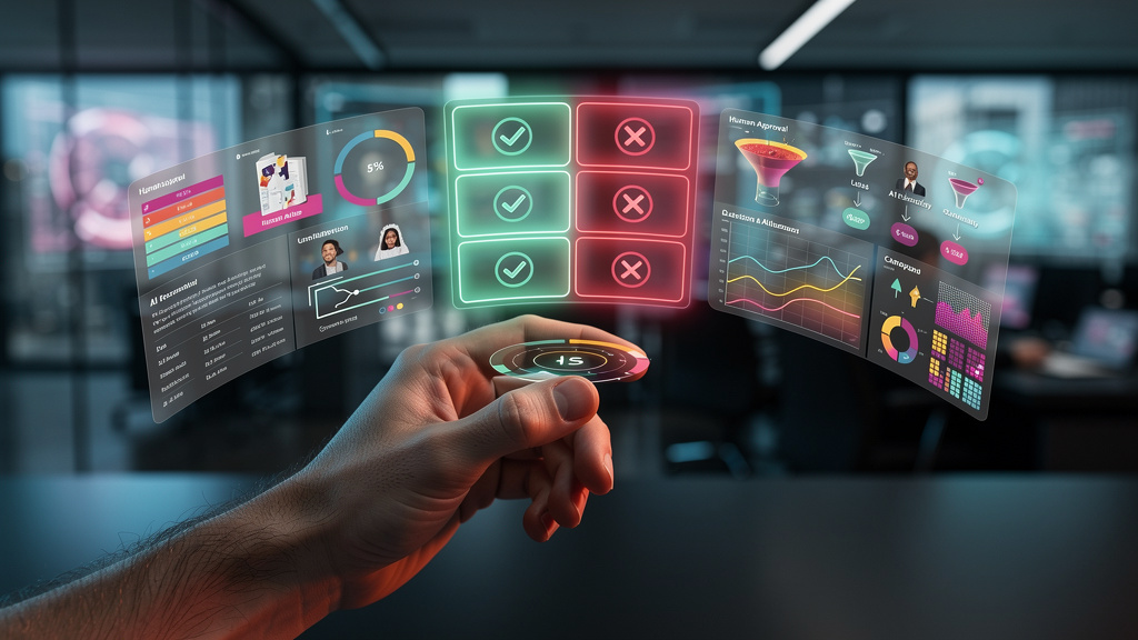 Como alinhar vendas e marketing com Human Approval em 2026 — Close-up de uma mão humana interagindo com uma interface holográfica complexa que exibe dados de vendas e marketing. A interface contém ele