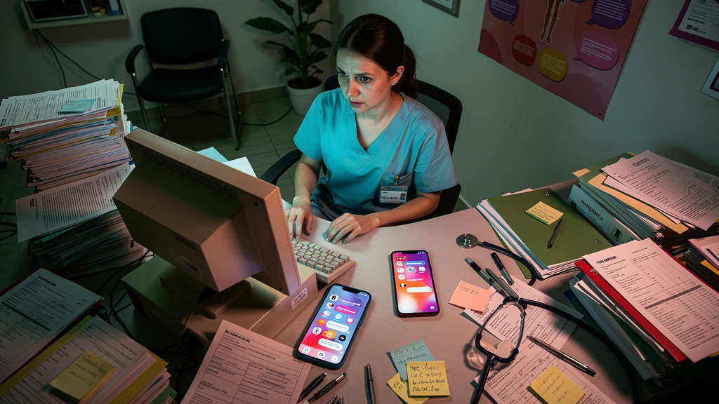 Como alinhar vendas e marketing com IA para Instagram — Uma recepcionista de clínica médica, visivelmente sobrecarregada, tentando responder a várias mensagens em um computador antigo e um smartphone,