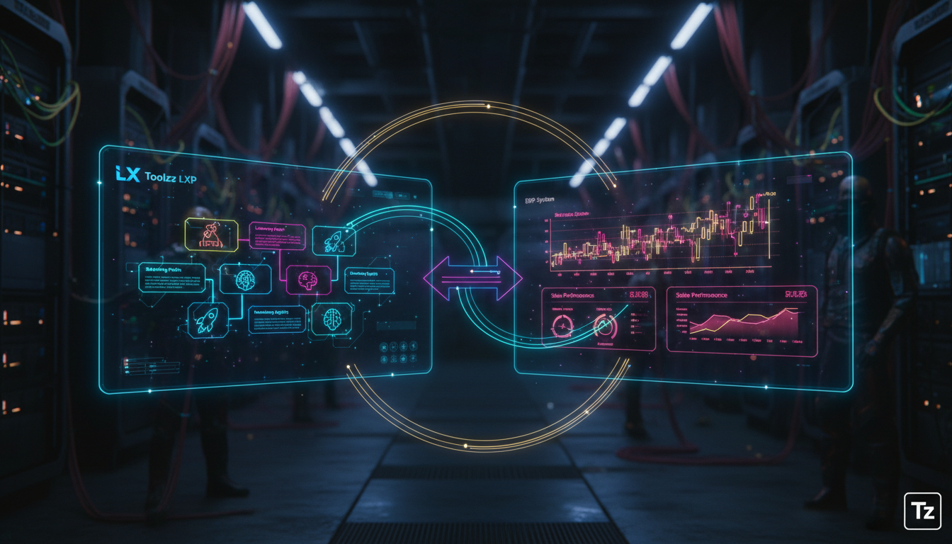 Como alinhar vendas e marketing com Integração ERP em 2026 — Um diagrama de fluxo estilizado mostrando a integração bidirecional entre uma plataforma LXP (Learning Experience Platform) e um sistema ER