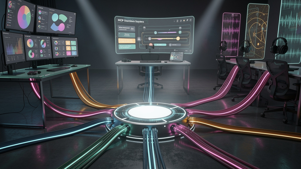 Como alinhar vendas e marketing com MCP (Model Context Protocol) — Ilustração isométrica de um hub central onde vários cabos de dados coloridos convergem, cada um representando diferentes sistemas (CR