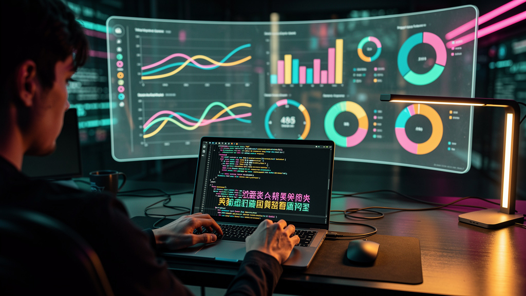 Como Aparecer no ChatGPT: Blog IA Toolzz vs Surfer SEO — Uma pessoa digitando em um laptop. A tela do laptop exibe linhas de código e texto sendo gerado automaticamente. Ao fundo, um painel de control