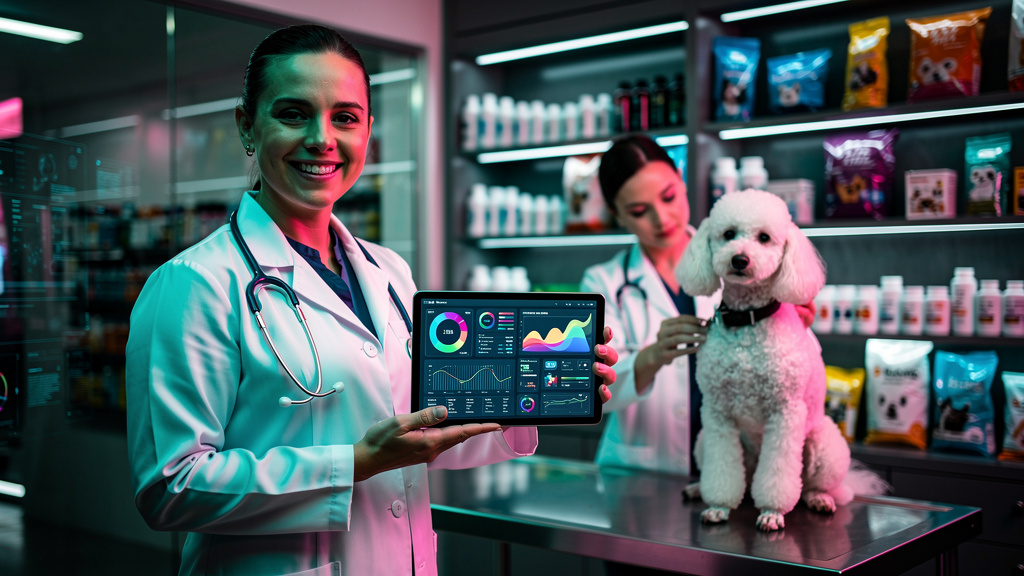 Como Aparecer no ChatGPT: Guia para Pet Shops e Veterinárias — Um veterinário sorrindo, usando um estetoscópio e segurando um tablet que exibe o painel do Agente AI de Blog da Toolzz. Ao fundo, uma pr