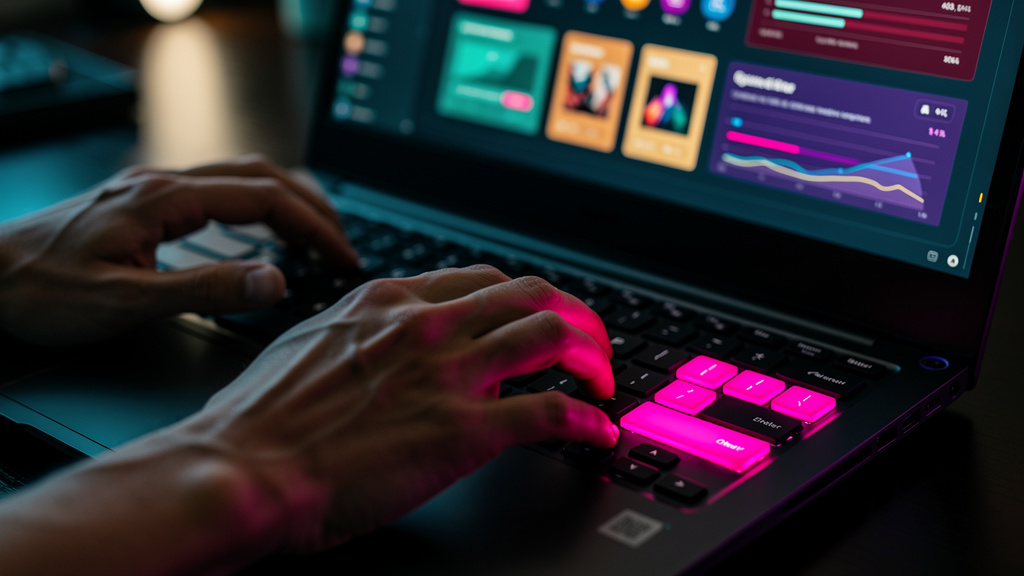 Como Aparecer no ChatGPT: Inbound Marketing para Consultores — Um close-up de um teclado com a tecla 'AI' destacada em neon vibrante. Dedos digitando rapidamente. Ao fundo, a tela de um laptop exibe o