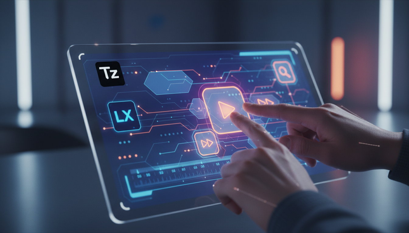 Como Apresentações Integradas economizam tempo em 2026 — Um close-up das mãos de um funcionário interagindo com uma apresentação em um tablet. A apresentação é colorida e interativa, com botões grande