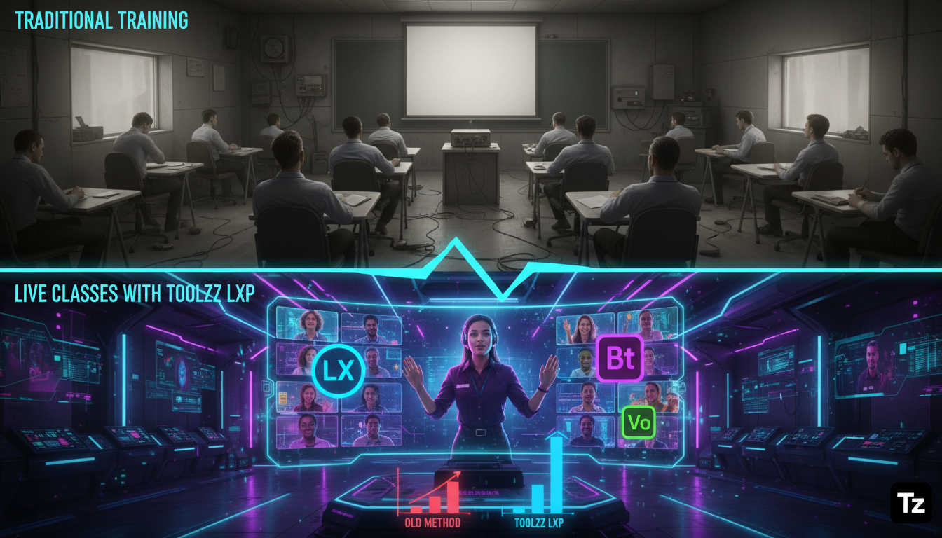 Como Aulas ao Vivo Eliminam o Isolamento no Treinamento Corporativo — Infográfico comparando métodos de treinamento corporativo. Bloco superior: 'Treinamento Tradicional' - imagem de uma sala de aula 