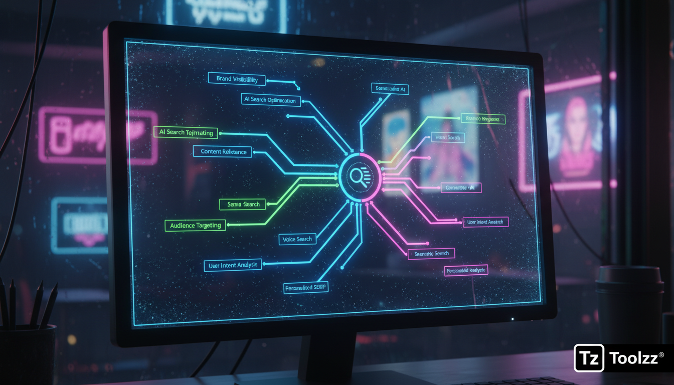 Como Aumentar a Visibilidade da Sua Marca em Buscas com IA — Close-up de uma tela de computador exibindo um mapa mental complexo de subconsultas geradas por IA a partir de uma única palavra-chave prin