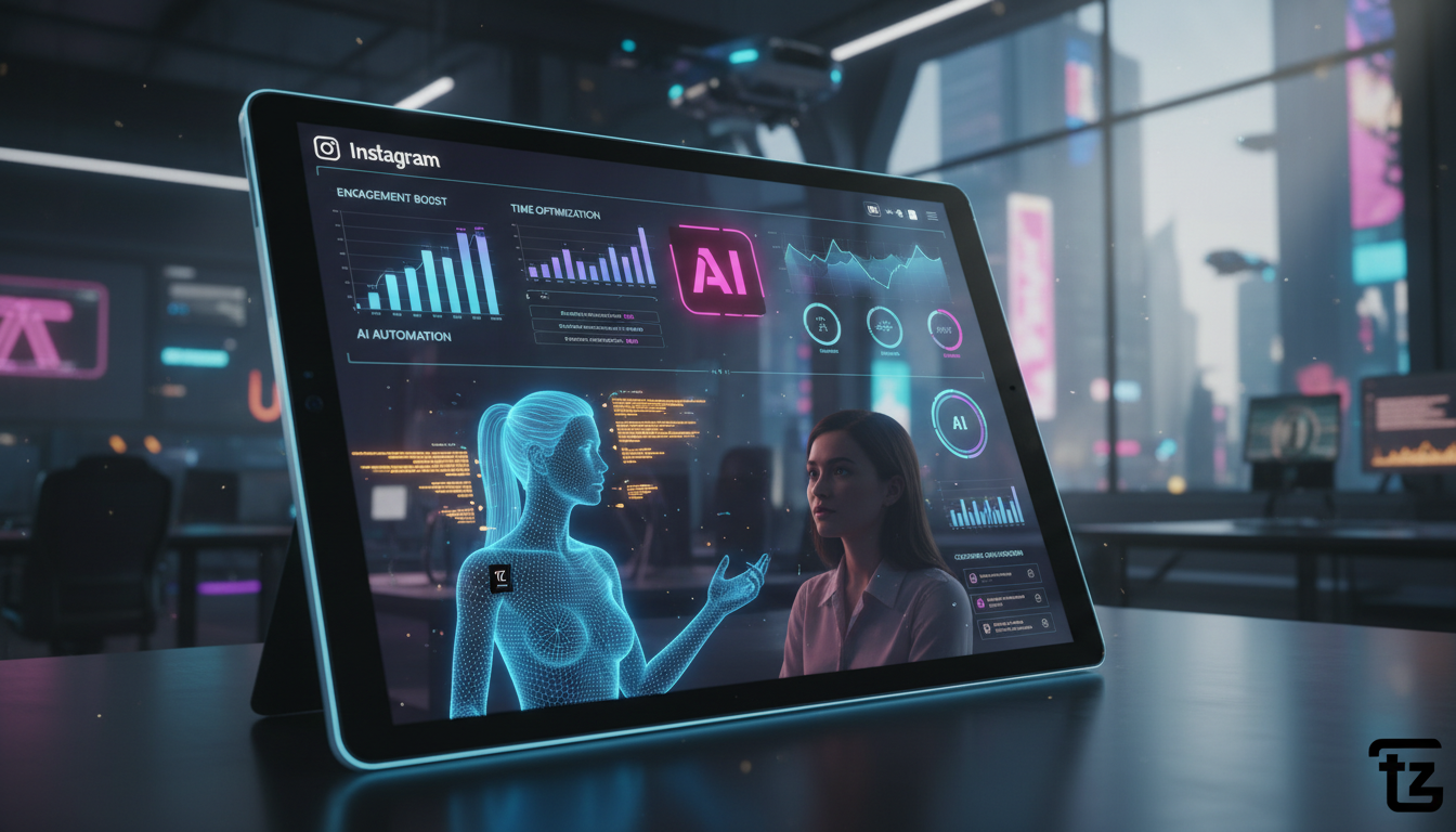 Como Automação Instagram Elimina Falta de Engajamento — Uma tela de tablet exibindo um dashboard de análise de dados do Instagram em 2026, com gráficos interativos mostrando o aumento do engajamento e