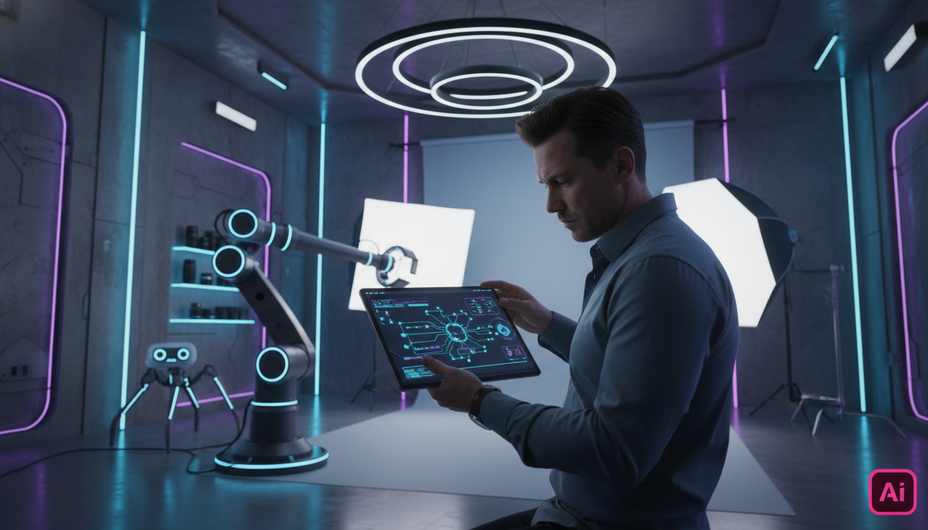 Como Automação Instagram impacta Vendas em Fotografia — Um fotógrafo profissional trabalhando em um estúdio moderno e minimalista. Ele está ajustando as configurações de um software de automação da To