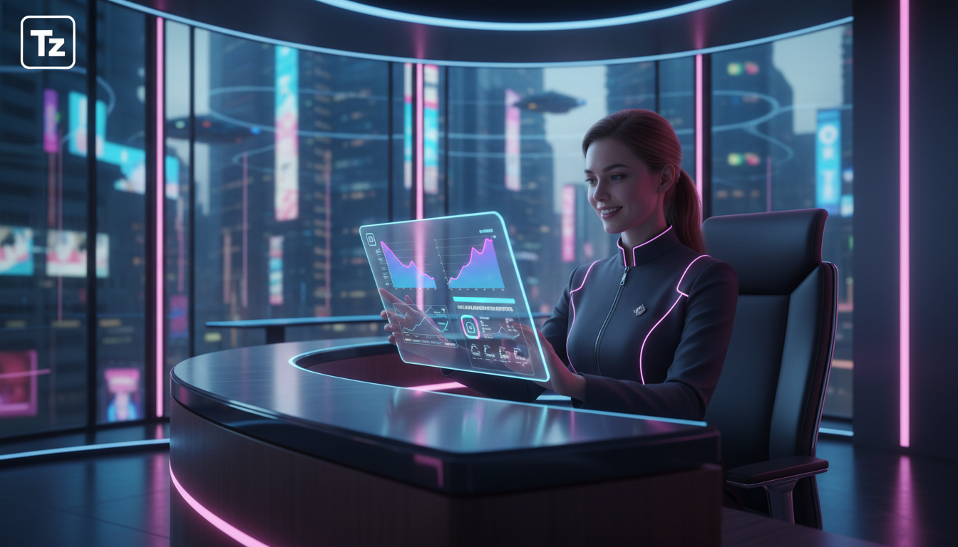 Como automação Instagram pode reduzir custos em até 7% em 2026 — Um escritório moderno e iluminado, com uma recepcionista sorrindo enquanto observa um tablet. Na tela do tablet, um dashboard mostra mé