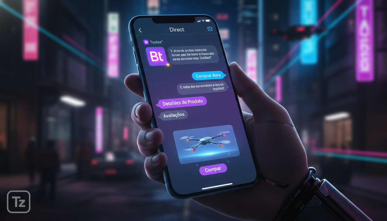 Como automação no Instagram economiza tempo em 2024 — Close-up de um smartphone exibindo uma conversa automatizada no Instagram Direct. O chatbot responde a perguntas de um cliente sobre um produto, c