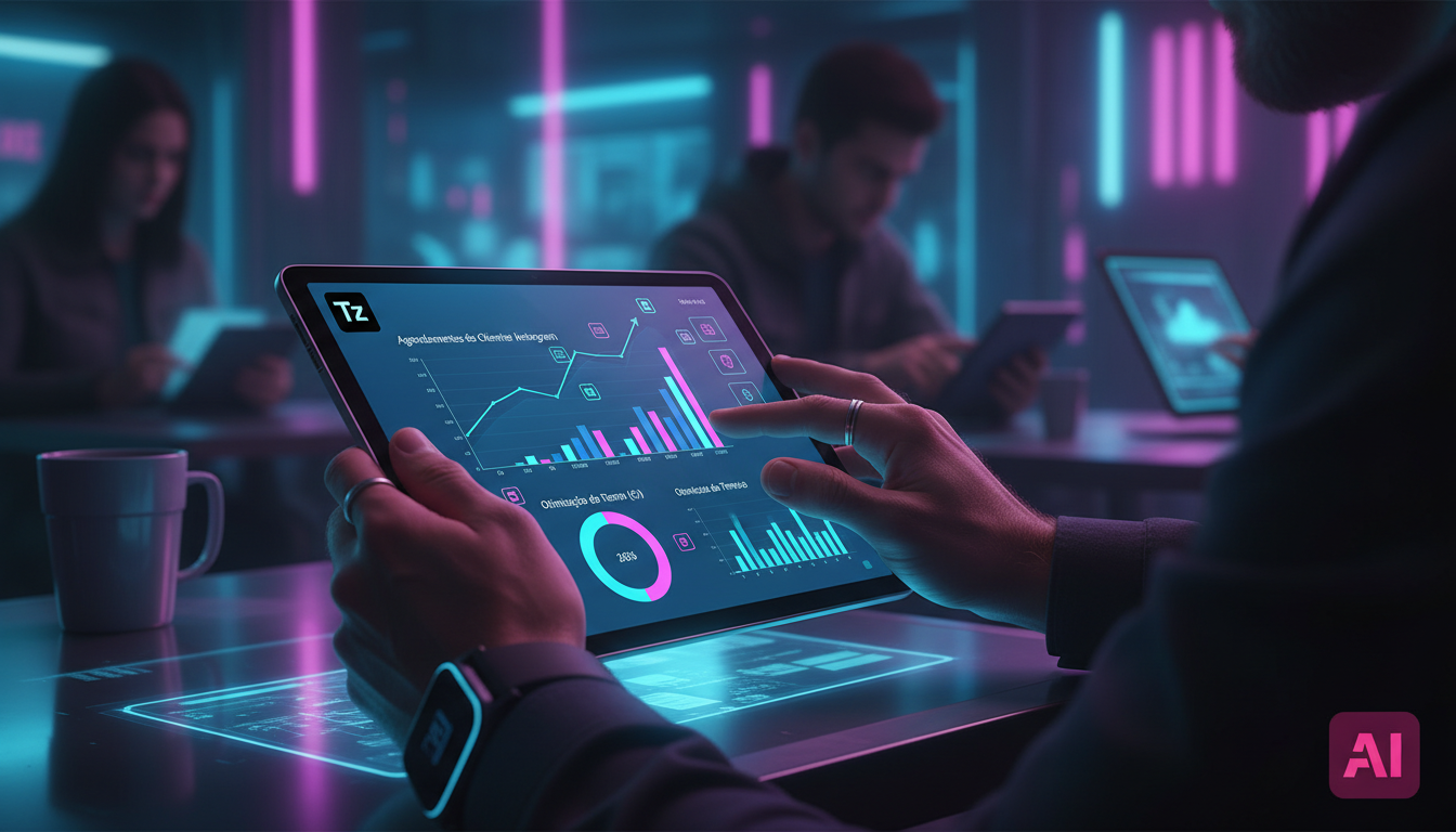 Como Automação no Instagram Impacta Leads em Seguros em 2026 — Close-up das mãos de um corretor de seguros usando um tablet em um café moderno. A tela do tablet mostra um dashboard da Toolzz com métri