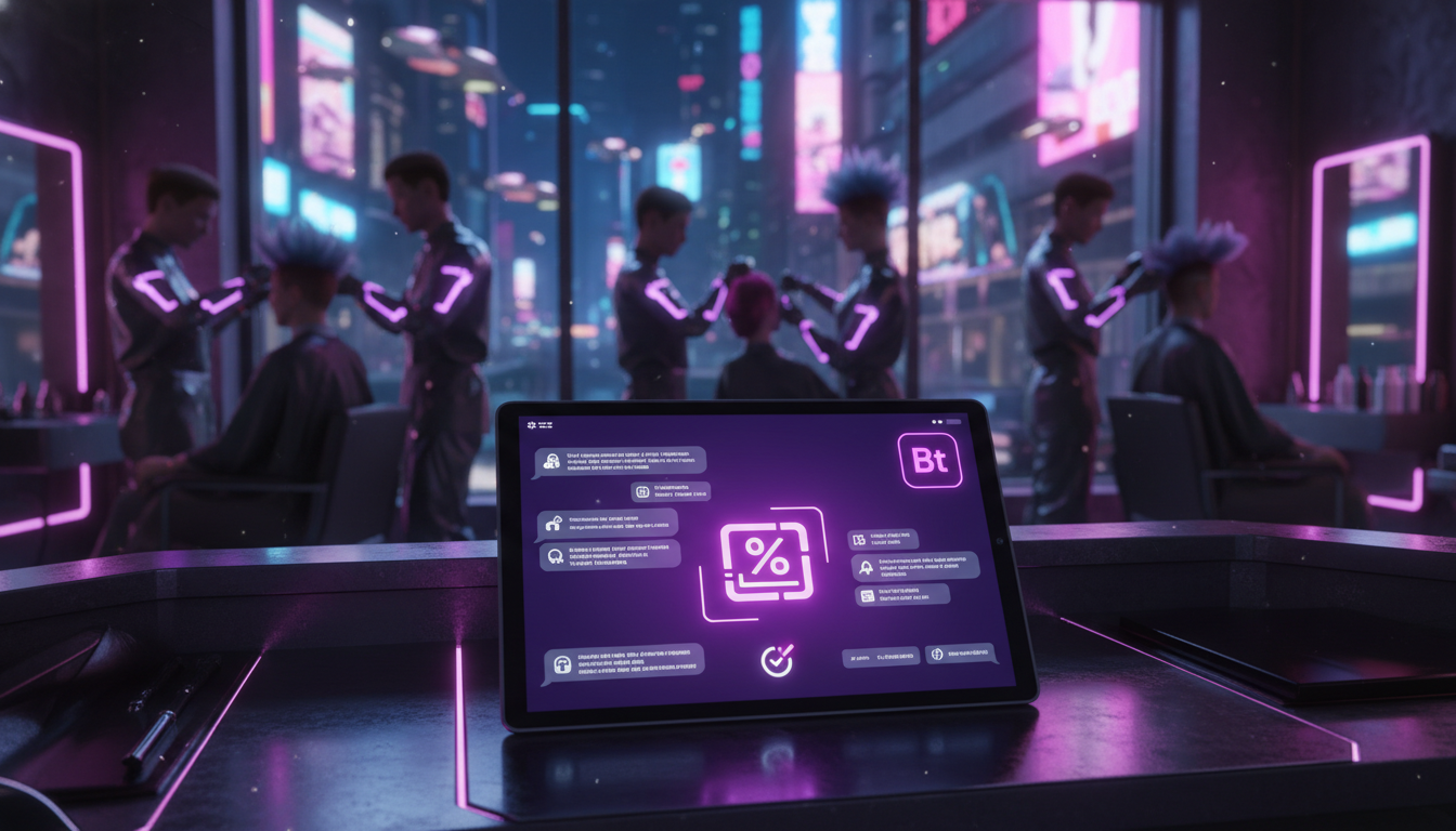 Como automação no Instagram pode reduzir custos em até 70% — Um salão de beleza movimentado, com cabeleireiros atendendo clientes. Em primeiro plano, uma tela de tablet mostra um chatbot da Toolzz res