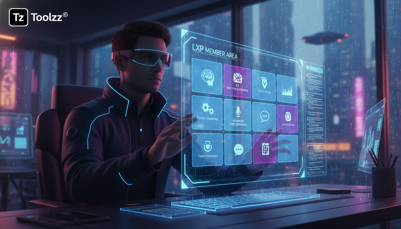 Como automatizar a Área de Membros com LXP em 2026 — Ilustração de um colaborador usando óculos de realidade aumentada em um ambiente de trabalho moderno. A lente dos óculos exibe uma interface da Áre
