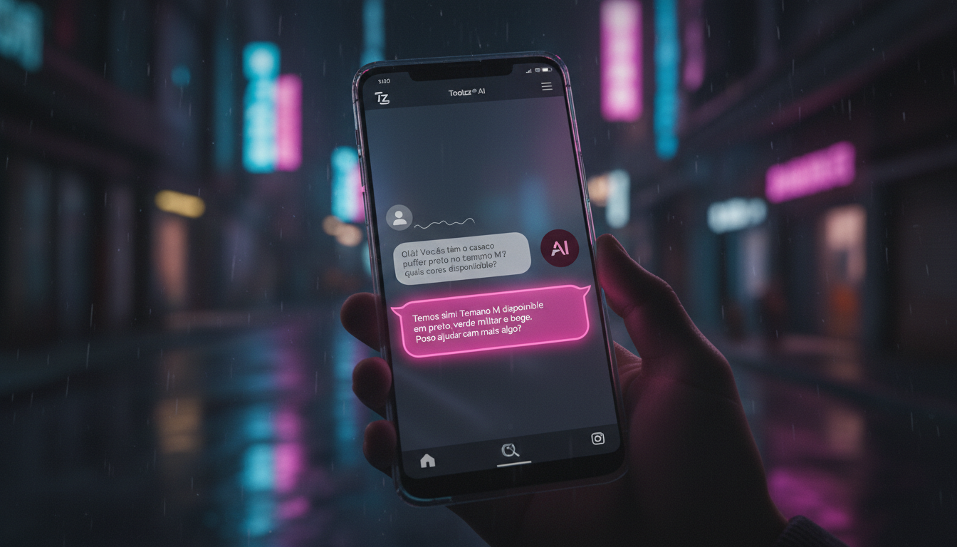 Como automatizar atendimento com IA no Instagram em 2026 — Close-up de uma tela de smartphone mostrando uma conversa de DM no Instagram. A conversa é entre um cliente e um agente de suporte de IA da T