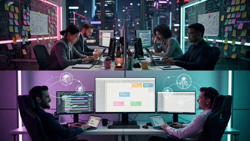 Como automatizar blog com IA em 2024 — Um infográfico comparando o tempo gasto em tarefas de blog (pesquisa de palavras-chave, redação, edição, publicação) entre o método tradicional e o uso de agente