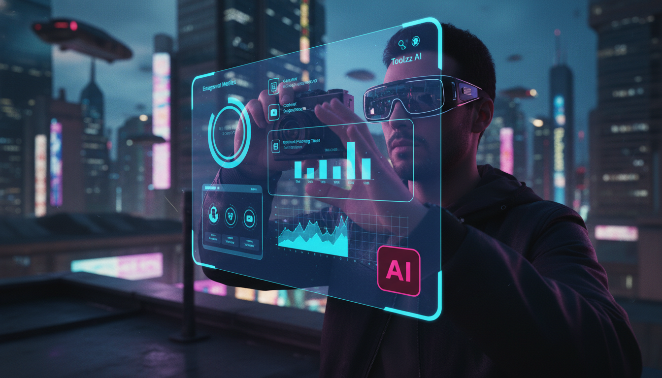 Como automatizar Instagram com IA em 2026 — Um fotógrafo profissional, em 2026, usando óculos de realidade aumentada, visualiza um painel de controle da Toolzz AI sobreposto à sua visão do mundo real.