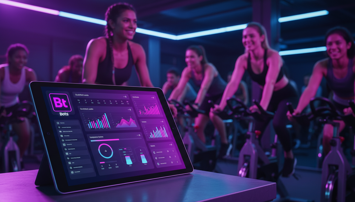 Como Chatbot IA economiza tempo em Vendas no Instagram — Uma instrutora de academia sorrindo e interagindo com alunos durante uma aula de spinning, enquanto, em primeiro plano, um tablet exibe um dash