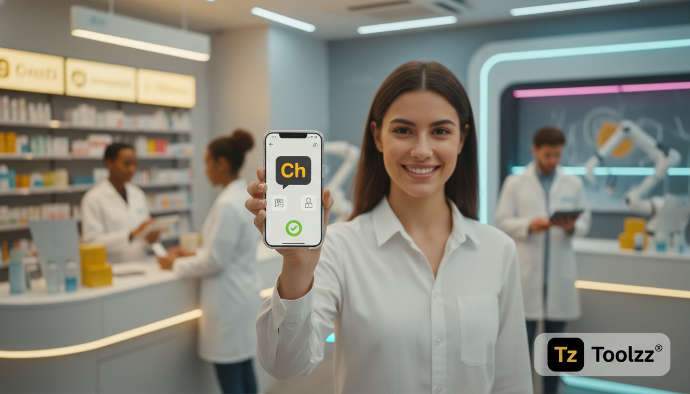 Como Chatbot Instagram DM elimina Custos de Atendimento em 2024 — Uma farmácia moderna e movimentada, vista de um ângulo ligeiramente elevado. Em primeiro plano, um cliente sorri enquanto interage com