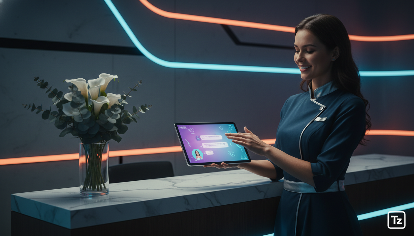 Como chatbot no Instagram aumentou vendas em 23% para clínicas — Uma recepcionista de clínica sorrindo e gesticulando para um tablet onde um chatbot da Toolzz está conduzindo uma conversa com um pacie