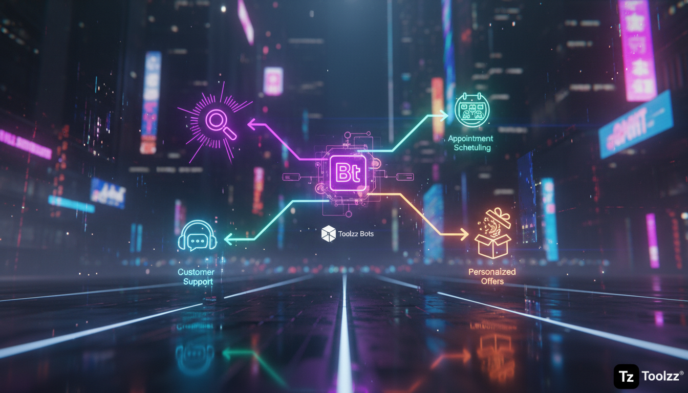 Como Chatbots Instagram DM evoluirá nos próximos 7 anos — Um diagrama visual no estilo de um mapa mental, mostrando a evolução dos chatbots no Instagram DM. No centro, a palavra 'Chatbots' em letras g