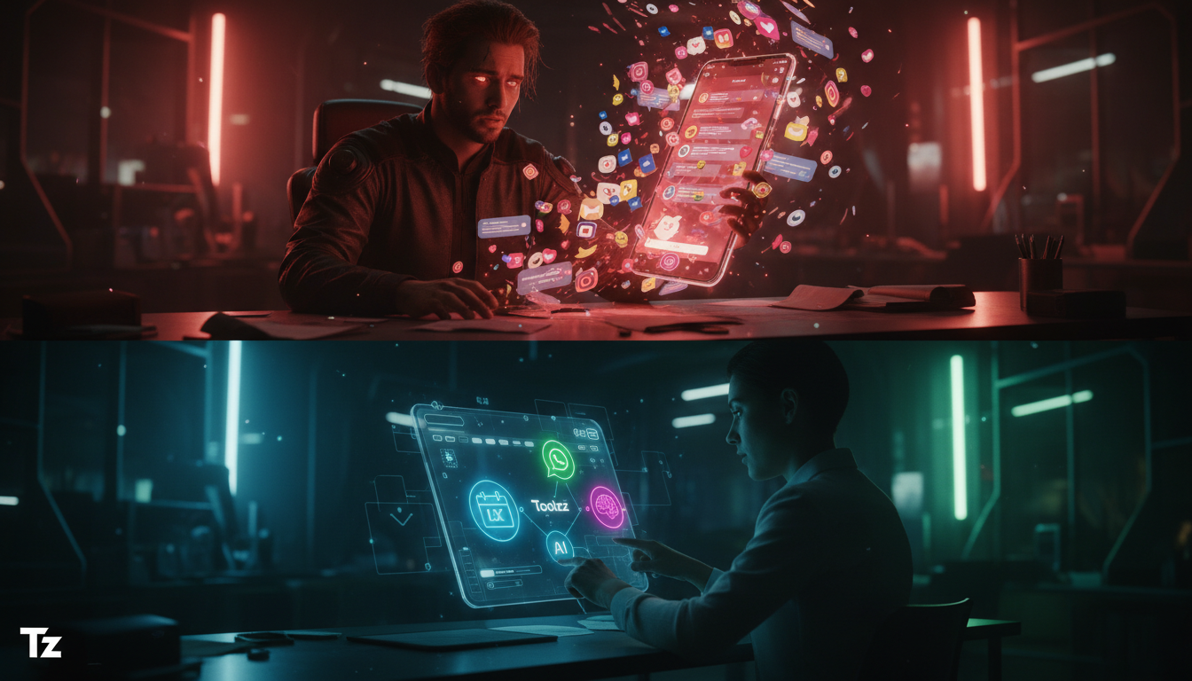 Como começar com Toolzz em 3 passos: Agendamento via Instagram — Infographic comparing manual Instagram scheduling vs automated scheduling with Toolzz AI. Top half: A frazzled professional overwhelmed