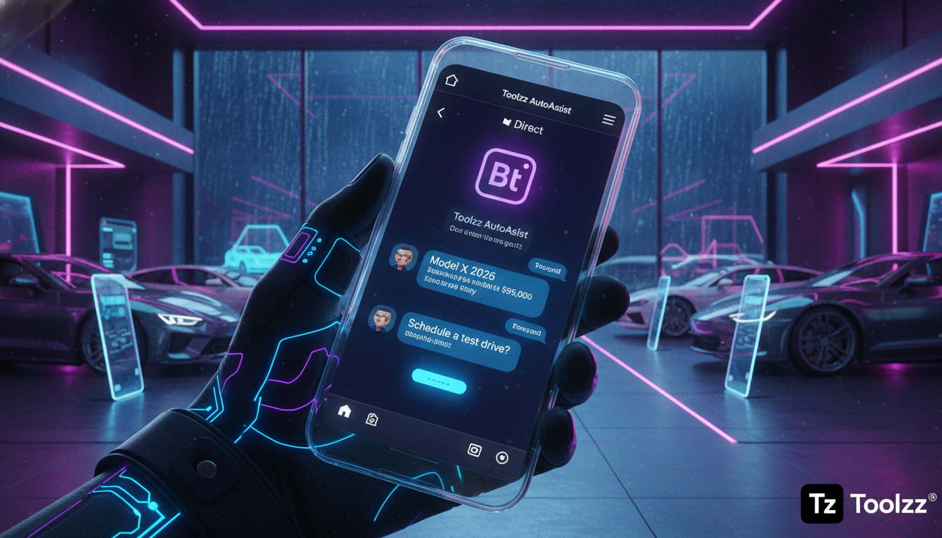 Como Começar com Toolzz em 3 Passos: Automação Instagram para Concessionárias em — Um close-up de um smartphone mostrando uma conversa no Instagram Direct. O chatbot da Toolzz está respondendo automat
