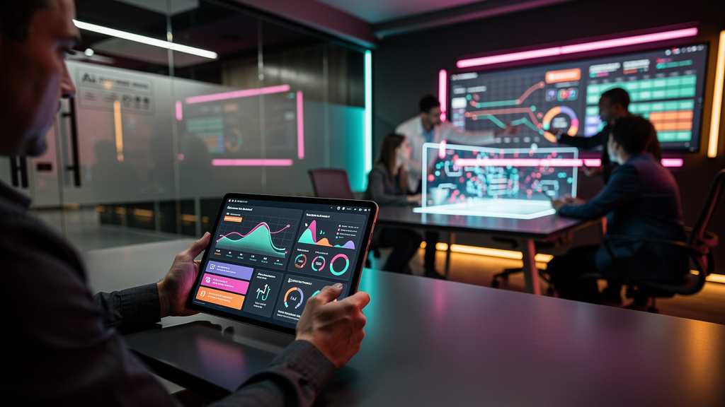 Como começar com Toolzz em 3 passos — Uma pessoa analisando um painel de controle da Toolzz AI em um tablet digital. O painel mostra gráficos de desempenho de conteúdo, palavras-chave em alta e sugest