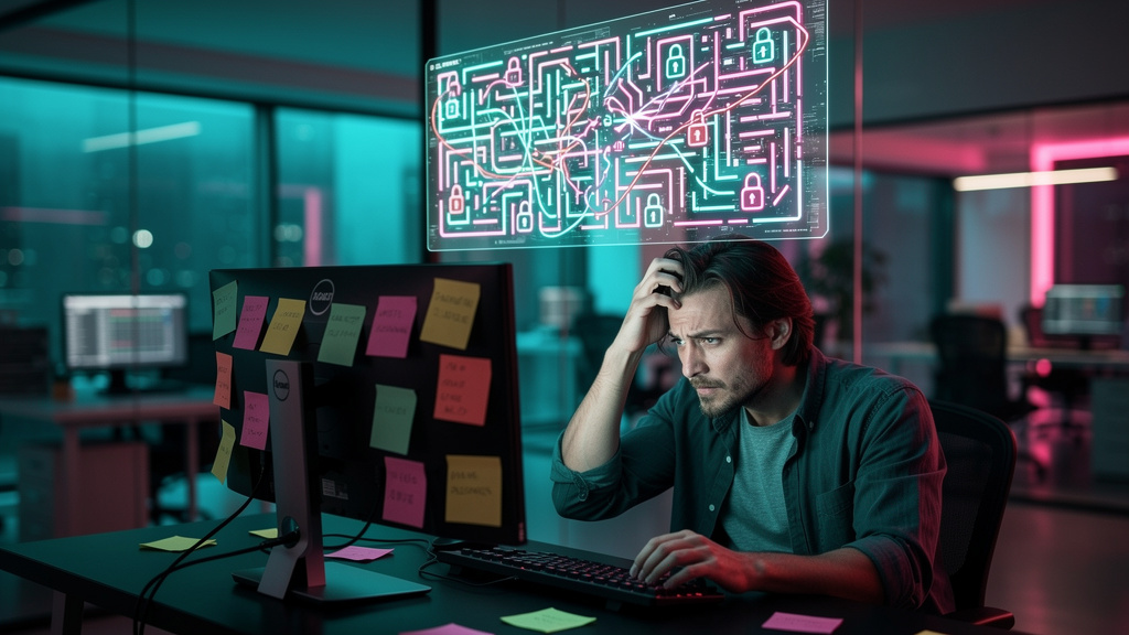 Como começar com Toolzz em 3 passos: SSO para LXP em 2026 — Um escritório moderno e minimalista. Um funcionário frustrado tentando lembrar múltiplas senhas em post-its colados em seu monitor. Um balão