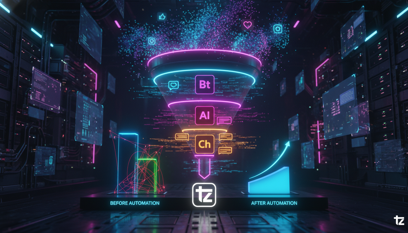 Como construir business case para automação Instagram 2026 — Um diagrama infográfico dividido em duas partes (superior e inferior para carrossel). Parte superior: Um funil de vendas visualmente atraen